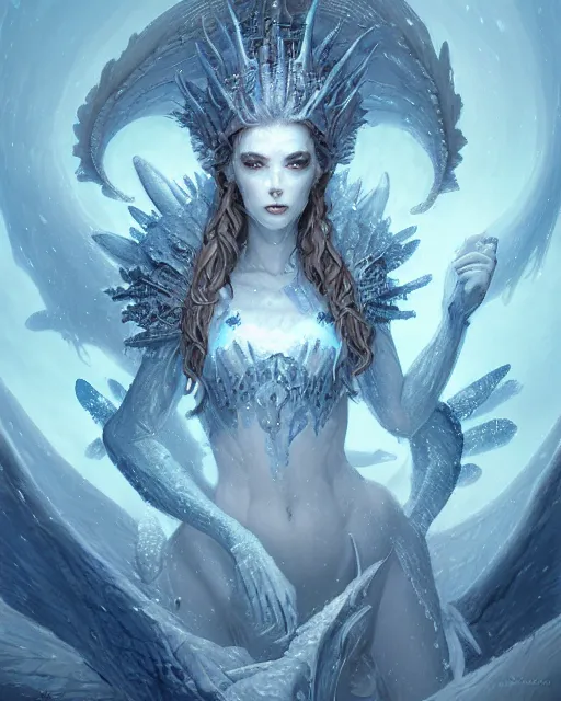 Image similar to portrait of the ice dragon queen athey, greg rutkowski, greg toccini, james gillard, joe fenton, kete butcher, dynamic lighting, gradient light blue, brown, light cream and white colors, grunge aesthetics, detailed and complex environment