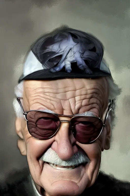 Image similar to Stan Lee on a caravaggio cloudy background, intricate, elegant, highly detailed, artstation, concept art, smooth, sharp focus, illustration, , digital art from artstation, digital art from deviantart, by Stjepan Sejic, Ruan Jia, and Mandy Jurgens, and Artgerm, and william adolphe bouguereau