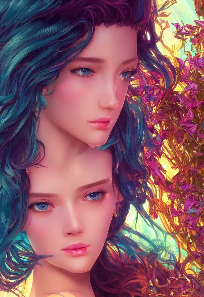 Image similar to beautiful, young woman, detailed gorgeous face, vaporwave aesthetic, synthwave, colorful, psychedelic, artstation, concept art, smooth, extremely sharp detail, finely tuned detail, ultra high definition, 8 k, unreal engine 5, ultra sharp focus, illustration, art by artgerm, greg rutkowski and alphonse mucha