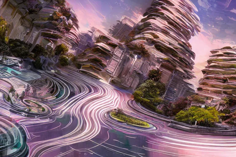 Prompt: futuristic cyberpunk city, advance civilization, luxurious streets, with lush Italian sakura garden located on Waimea canyon in Kauai, Pamukkale, beautiful smooth sandstone in unique shapes with light beams that shine through its walls, striated swirling finish, white travertine terraces, digital painting, concept art, smooth, sharp focus, from Star Trek 2021, illustration, by WLOP and Ruan Jia and Mandy Jurgens and William-Adolphe Bouguereau, Artgerm