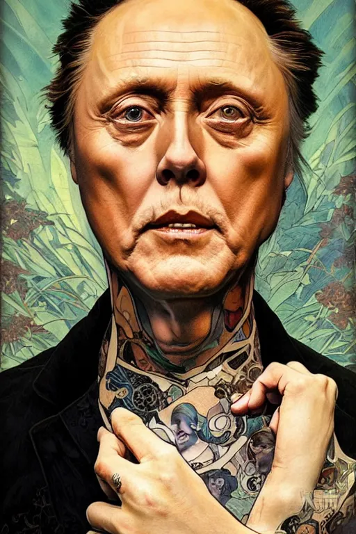 Prompt: portrait of christopher walken with an face tattoo, masterpiece painting by artgerm and greg rutkowski and alphonse mucha and android jones