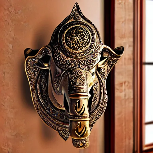 Prompt: gorgeous ornated bronze realistic detailed sacred camel wall decoration with filigree, islamic calligraphy