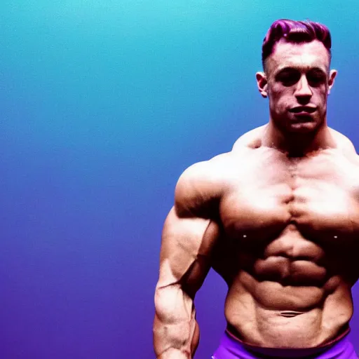 Image similar to 35mm picture of a bodybuilder standing next to a purple floating rectangle with lightning edges