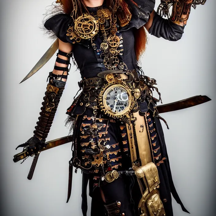 Image similar to full length photograph of a real - life very beautiful clockpunk warrior. extremely detailed. dslr. 8 5 mm.