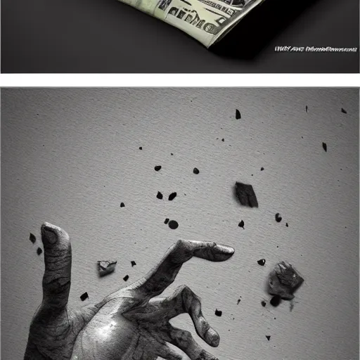 Image similar to a hand breaks a wall, and money comes out of the wall, ultra realistic, ultra detailed, concept art, trending on artstation