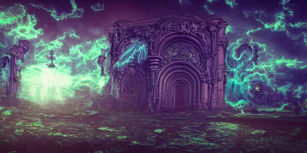 Prompt: [ palate ] [ nebulous energy ] [ muted neon colors ] intricate giant gothic style portal to purgatory, paisley cloud pattern, god at the gate, award winning composition, vibrant neon nebulous clouds, symmetrical details, hyper realistic illustration, radiant light rays, photorealistic illustration, intricate and fine details, volumetric lighting, artstation