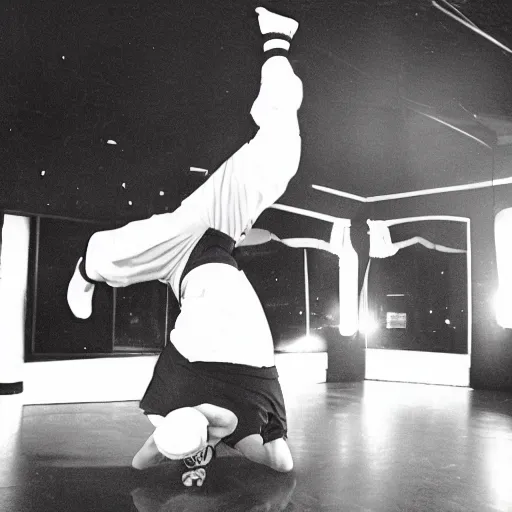 Prompt: Peter Griffin break dancing in a nightclub, 1990 photograph