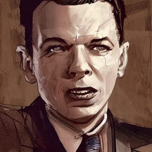 Image similar to perfect composition, subdued color palette, award-winning concept art, detailed digital painting, airbrushed, low contrast: costume design for young Frank Sinatra as a poor dystopian dieselpunk 1950s bartender. Volumetric cinematic lighting, great attention to perfect anatomy, special attention to posing, great attention to realistic facial expression, faithful cinematic color scheme, perfectly coherent. In the style of: Greg Rutkowski, Syd Mead, Norman Rockwell, Edward Hopper, James Gilleard, Ilya Kuyshinov, WLOP, and Stanley Artgerm.