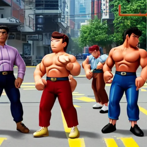 Prompt: film still from the new live - action netflix movie adaptation,'river city ransom'