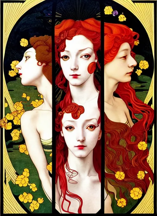 Image similar to 4 Muses symbolically representing Spring, Summer, Winter and Autumn, in a style blending Æon Flux, Peter Chung, Shepard Fairey, Botticelli, Ivan Bilibin, and John Singer Sargent, inspired by pre-raphaelite paintings, shoujo manga, and cool Japanese street fashion, dramatic autumn landscape, leaves falling, deep vivid tones, hyper detailed, super fine inking lines, ethereal and otherworldly, 4K extremely photorealistic, Arnold render