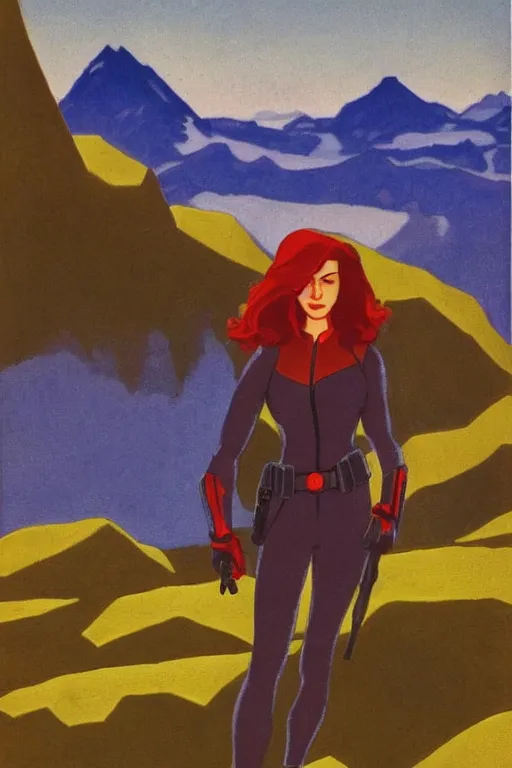 Image similar to black widow ( natasha romanova ) on mountains, marvel, artwork by nicholas roerich,