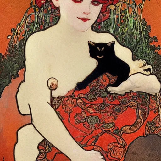 Image similar to a masterpiece painting by mucha exposed at the louvre : black cat cuddling a racoon in a poppy field with a red sunset in the background