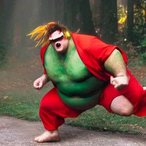 Prompt: Chris Farley as Blanka from Street Fighter ,photography, action shot