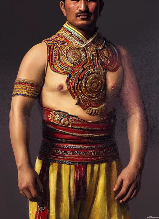 Image similar to a khuresh male wrestler!!!, tuvan national clothes!!, tuva, portrait, intricate, elegant, highly detailed, digital painting, artstation, concept art, wallpaper, smooth, sharp focus, illustration, art by artgerm and greg rutkowski and alphonse mucha