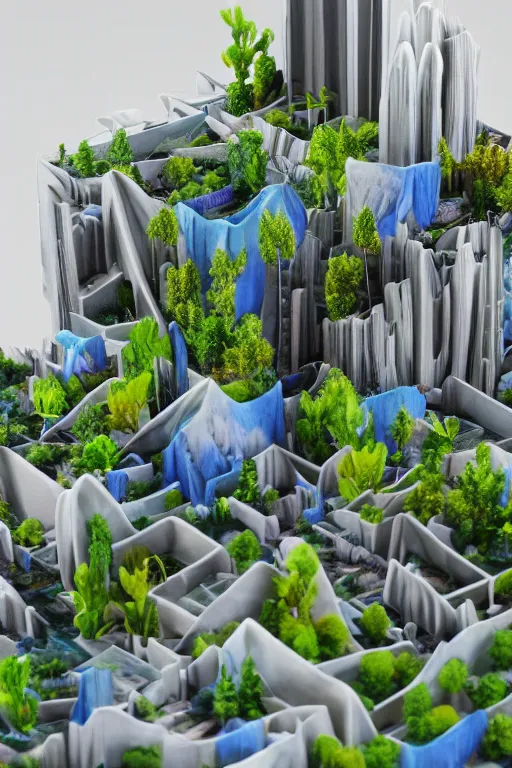 Image similar to 3 d printed physical model organic flowy including more than one city into one vertical building model that sits on a table in a room with a viewand lights in the back, multiple stories, transparent, with vegetation, colorful, eye - level view, 8 0 k, octane render, highly detailed 3 d render,