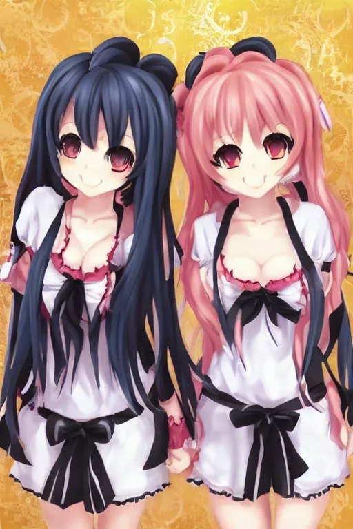 Image similar to two beautiful female idols with twintails standing chest to chest, dark background, soft anime art