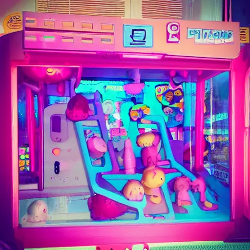 Prompt: “winning a crane game machine Pink blue yellow white pastels”