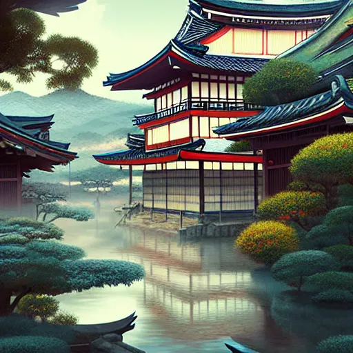 Image similar to old japanese town with garden viewed from harbor, d & d digital painting, ultra realistic, beautiful, volumetric lighting, warm colors advance, cell shading, by james jean, greg rutkowski,