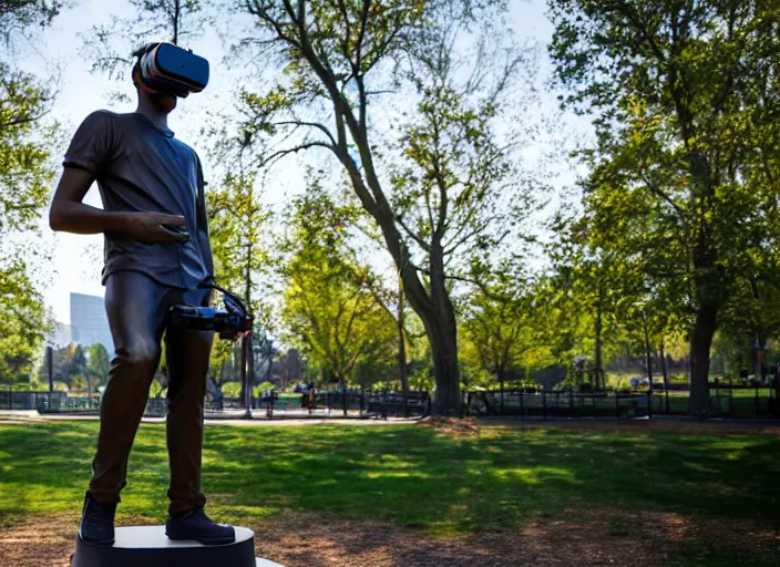 Image similar to photo still of a bronze statue of a man gaming in vr in a park on a bright sunny day, 8 k 8 5 mm f 1 6