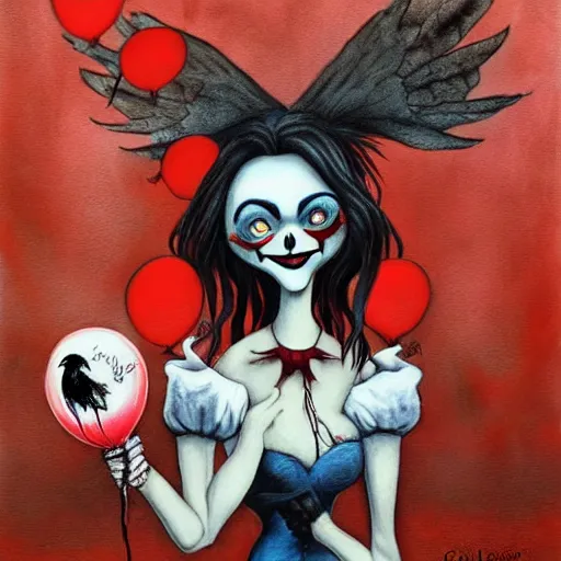 Image similar to grunge cartoon painting of a raven with a wide smile and a red balloon by chris leib, loony toons style, pennywise style, corpse bride style, horror theme, detailed, elegant, intricate