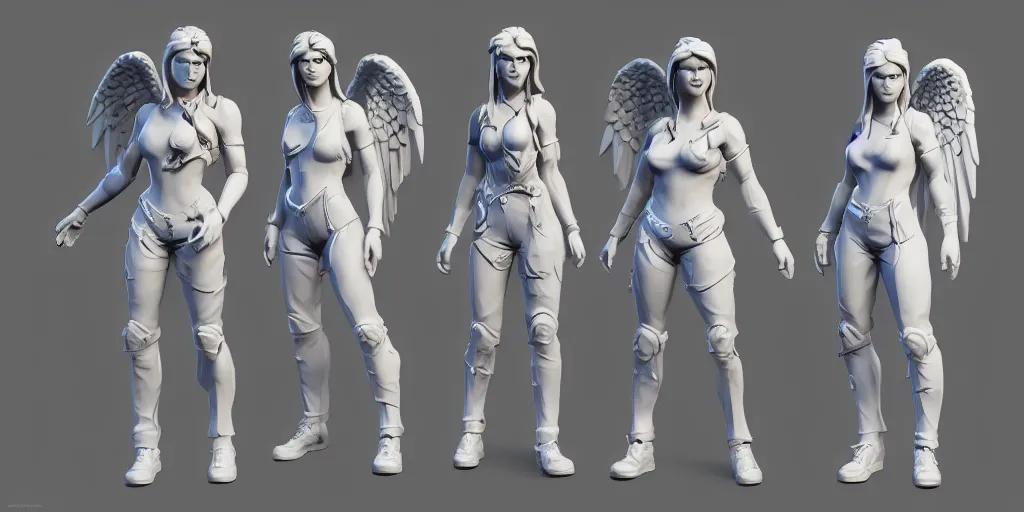 Image similar to full-body character sheet of angel and heaven accurate face deatails ,intense detail,highly detailed faces for the video game ‘fortnite’ by Epic Games, 3d render, octane render, 4K, volumetric, trending on art station