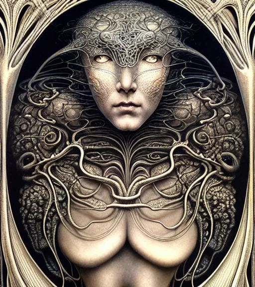 Image similar to detailed realistic beautiful alien goddess face portrait by jean delville, gustave dore, iris van herpen and marco mazzoni, art forms of nature by ernst haeckel, art nouveau, symbolist, visionary, gothic, neo - gothic, pre - raphaelite, fractal lace, intricate alien botanicals, ai biodiversity, surreality, hyperdetailed ultrasharp octane render