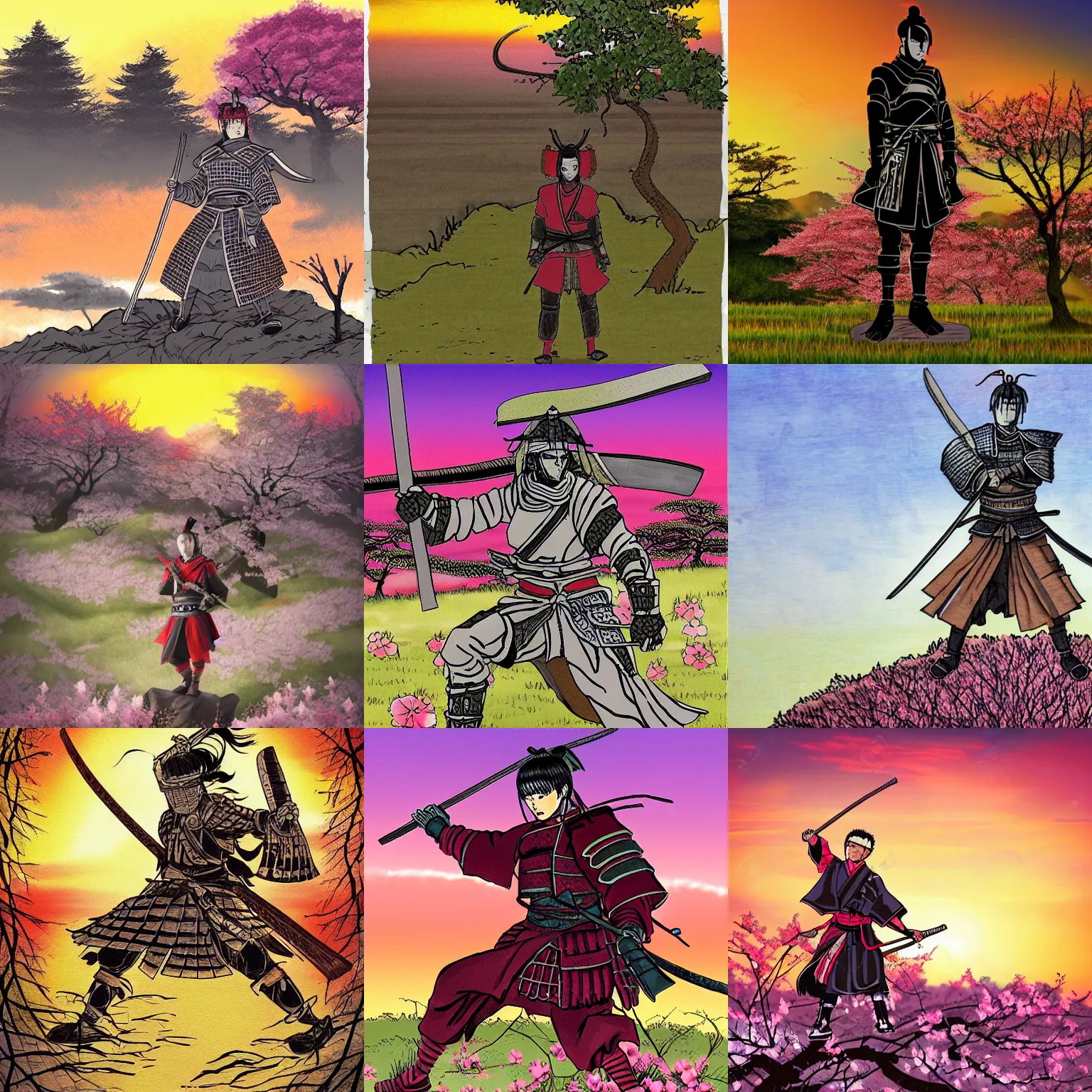 Prompt: samurai in armor standing on a hill at sunset, a cherry blossom tree is next to the samurai, in the style of berserk by kentaro miura