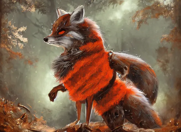 Prompt: ashigaru steampunk - inspired feathered anthropomorphic fox, colorful plumage, lacquered armor, cute but determined, hard focus, art station, by jessica rossier and brian froud, cinematic fantasy painting, orange grey white, in a woodland glade