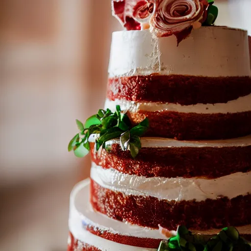 Image similar to a wedding cake made of bacon, hd professional food photography