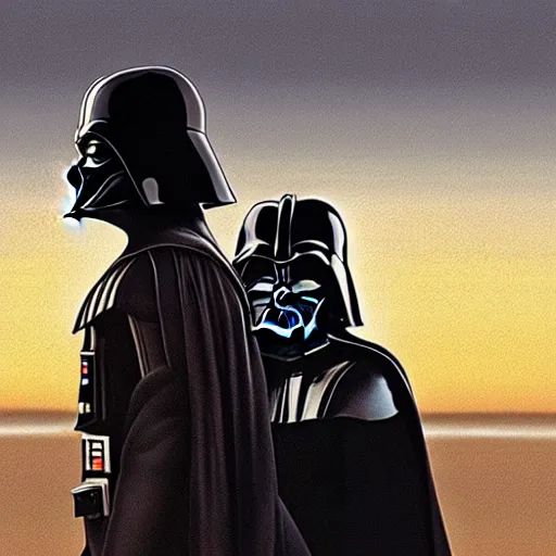 Image similar to beautiful serene intricate portrait of darth vader and darth vader taking a selfie, relaxing on the beach, golden hour, soft focus, 8 k, art by irakli nadar, hyperrealism, hyperdetailed, ultra realistic