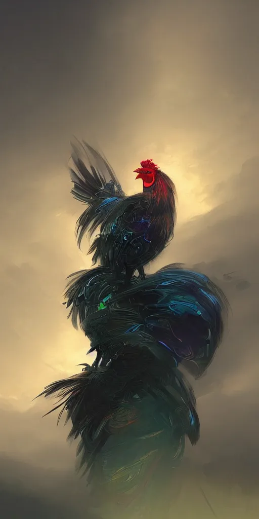 Prompt: cyberpunk rooster, digital painting, by ivan aivazovsky