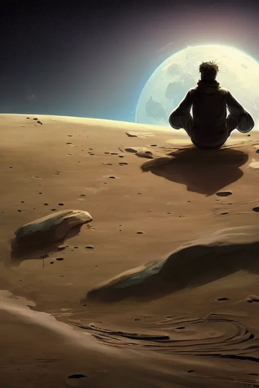 Prompt: Man sitting on the moon with a view of the earth in the background, elegant, digital painting, highly detailed, artstation, concept art, smooth, sharp focus, illustration, art by artgerm and greg rutkowski.