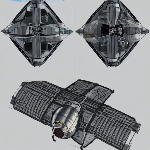 Prompt: top view, side view and front view of a science fiction space station, concept art, digital art, first angle projection