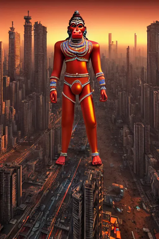 Image similar to high quality 3 d render hyperrealistic cyborg!! hanuman! madhubani, highly detailed, cyberpunk mumbai in the background, unreal engine cinematic smooth, in the style of solaris, hannah yata charlie immer, moody light, low angle, uhd 8 k, sharp focus