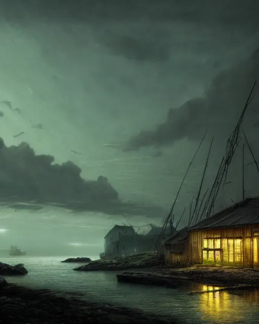 Prompt: a beautiful photorealistic illustration of nature abandoned fishing village by caspar david friedrich, extraterrestial nature at night neon noir neon signs water cloudy studio ghibli hyperrealism, archdaily, wallpaper, highly detailed, trending on artstation.