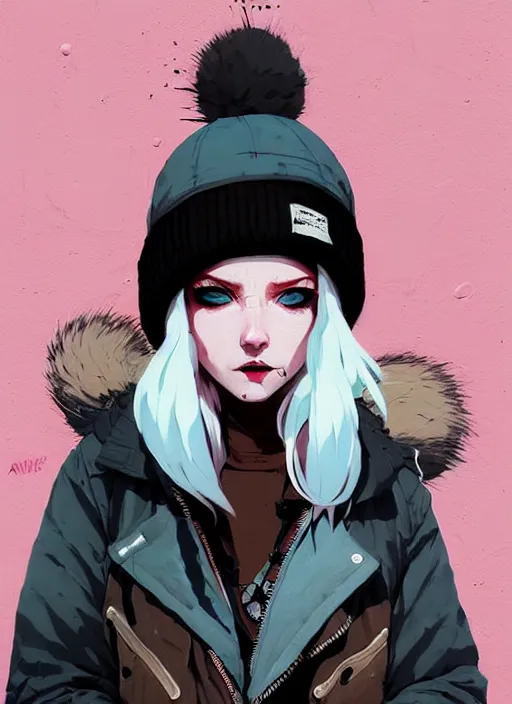 Prompt: highly detailed portrait of a street punk lady student, blue eyes, parka jacket, beanie hat, white hair by atey ghailan, by greg rutkowski, by greg tocchini, by james gilleard, by joe fenton, by kaethe butcher, gradient pink, black, brown and light blue color scheme, grunge aesthetic!!! ( ( graffiti tag wall background ) )