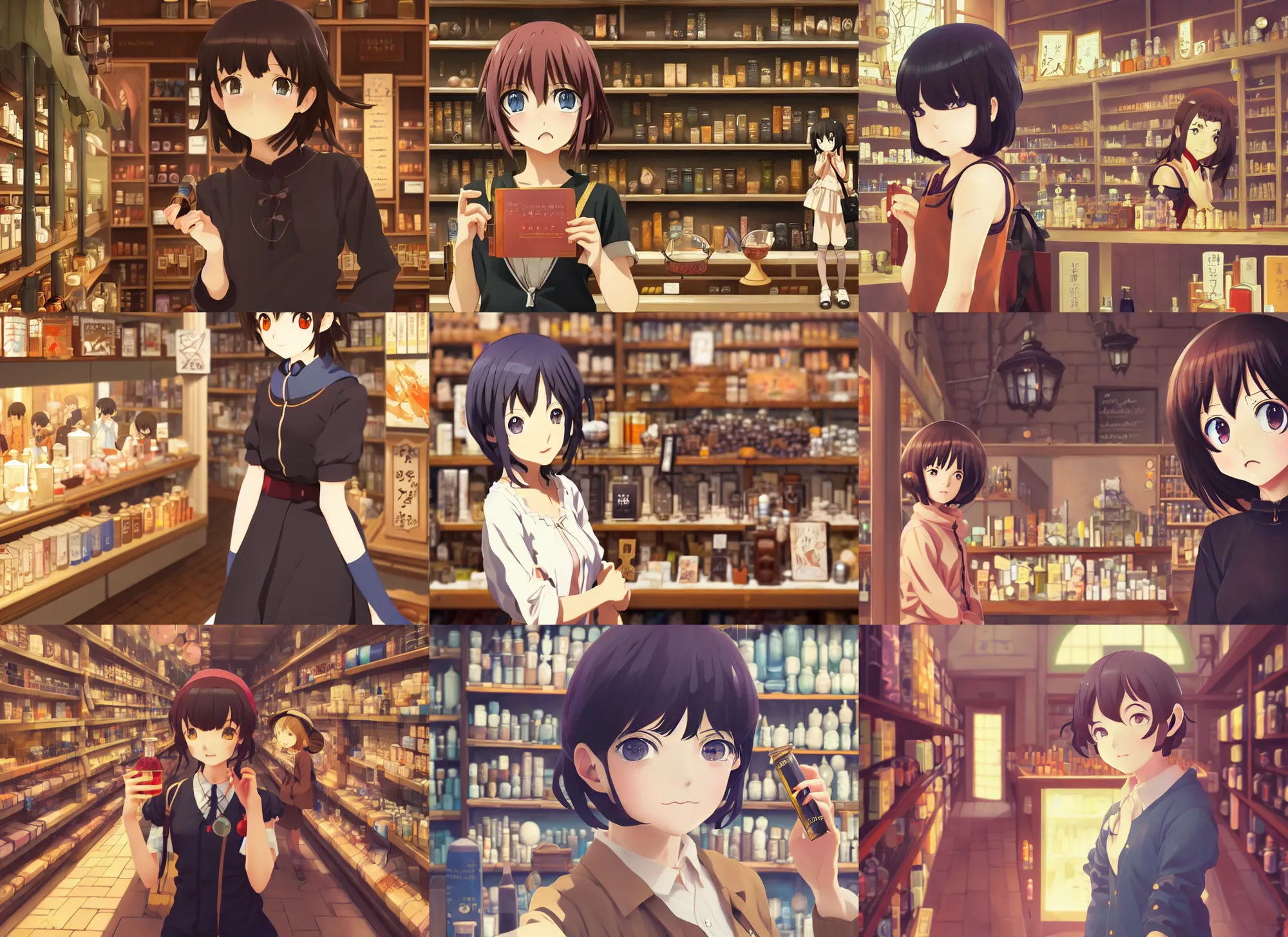 Prompt: anime frames, portrait of a young female traveler in a alchemist's potion shop interior shopping, cute face by ilya kuvshinov, makoto shinkai, dynamic perspective pose, rounded eyes, detailed face, lomography, hdr, sharp focus, yoh yoshinari