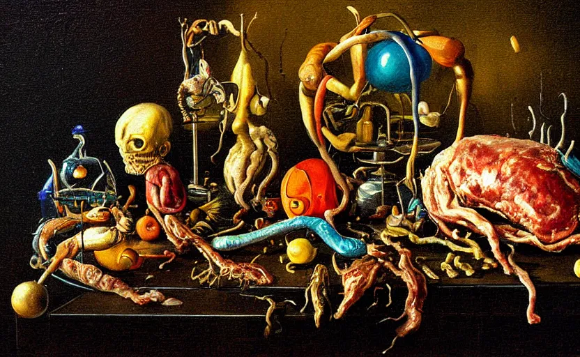 Image similar to strange painting by christian rex van minnen, enticing colorful oil painting dutch golden age vanitas eyes everwhere still life sparse composition with bulbous objects strange transparent surfaces shiny metal reflections bizarre mutant meat insects rachel ruysch dali todd schorr very detailed perfect composition rule of thirds masterpiece canon 5 0 mm, cinematic lighting, photography, retro, film, kodachrome