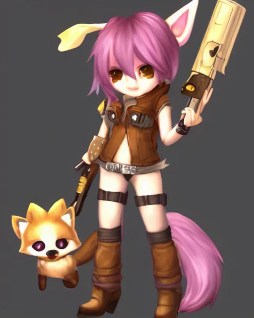 Image similar to female furry mini cute style, highly detailed, rendered, ray - tracing, cgi animated, 3 d demo reel avatar, style of maple story, maple story gun girl, fox from league of legends chibi, soft shade, soft lighting