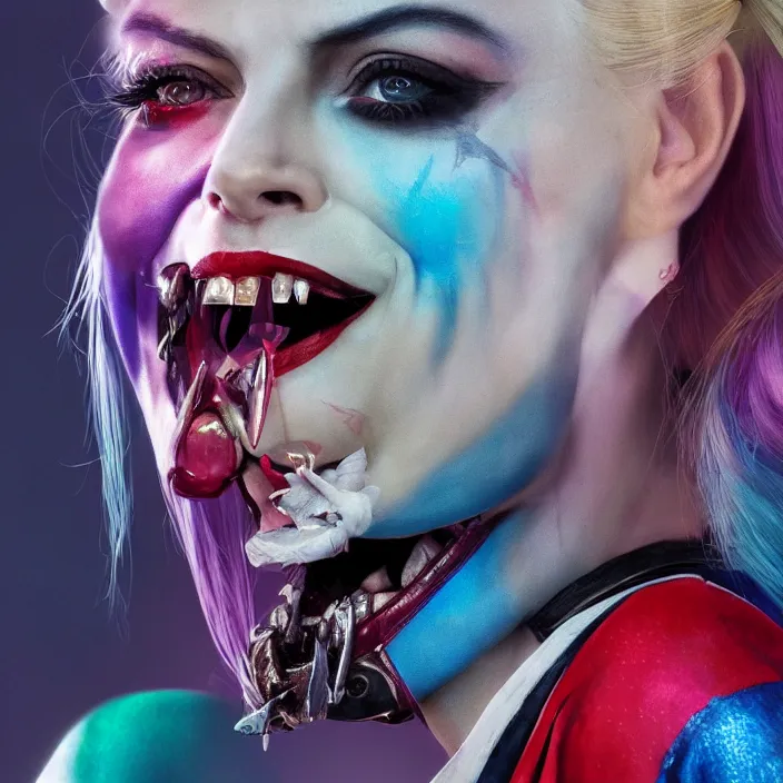 Image similar to portrait of Charlize Theron as a harley quinn in Suicide Squad. intricate abstract. intricate artwork. by Tooth Wu, wlop, beeple, dan mumford. octane render, trending on artstation, greg rutkowski very coherent symmetrical artwork. cinematic, hyper realism, high detail, octane render, 8k, iridescent accents