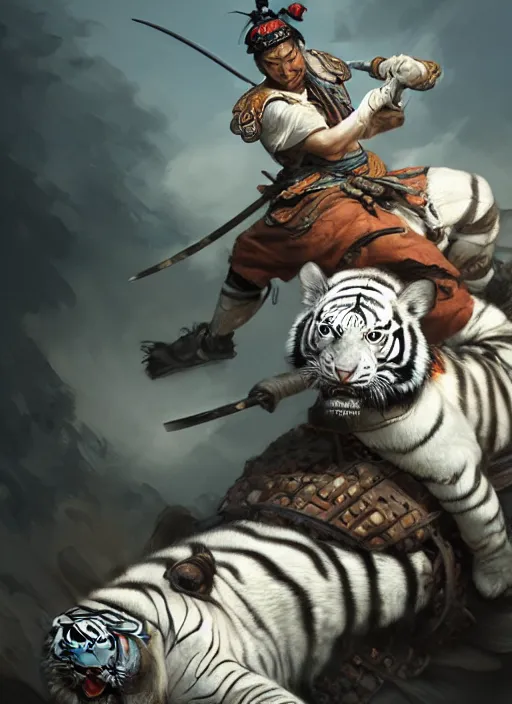 Prompt: samurai riding on a white tiger, subsurface scattering, by jesper ejsing, justin gerard, tomasz alen kopera, cgsociety and fenghua zhong, highly detailed, rim light, cinematic lighting, illustration, art, octane render, very coherent, cinematic, hyper realism, high detail, octane render, 8 k