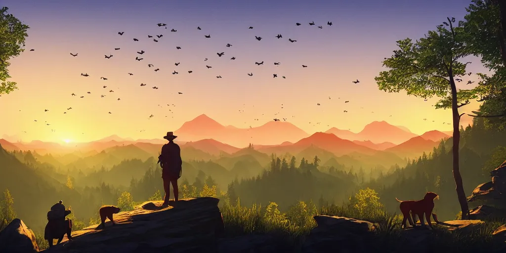 Image similar to A majestic landscape featuring a river, mountains and a forest. A group of birds is flying in the sky. There is an old man with a dog standing next to him. The man is wearing a backpack. They are both staring at the sunset. Cinematic, very beautiful, painting in the style of firewatch