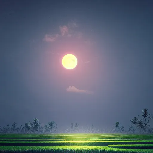 Image similar to A large blood moon rising over a rice paddy in Bali, concept art, matte painting, trending artstation, octane render, plague, apocalyptic 8k