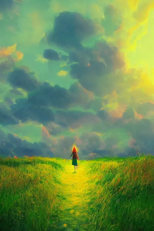 Image similar to giant corn flower head, girl walking in a green valley, surreal photography, sunrise, dramatic light, impressionist painting, colorful clouds, digital painting, artstation, simon stalenhag