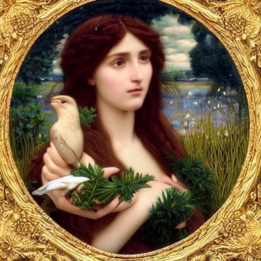 Image similar to Beautiful Pre-Raphaelite goddess of nature holding a little bird, in the style of John William Godward and Anna Dittman, close-up portrait, porcelain skin, head in focus, sacred mandala halo, flowers and plants, etheric, moody, intricate, mystical,