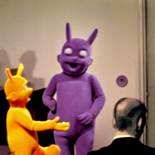 Image similar to color photo of robert oppenheimer debating with teletubbies