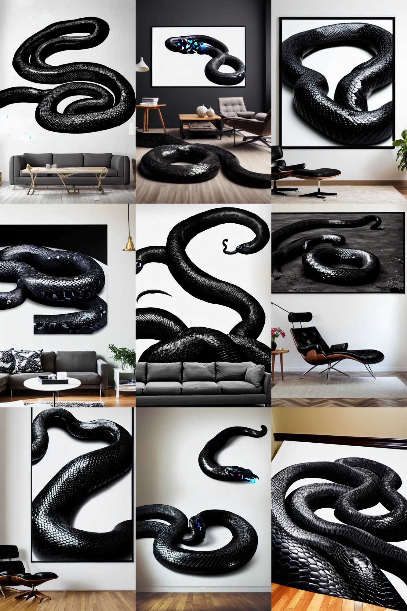 Prompt: giant photo of a giant black snake occupying an entire room