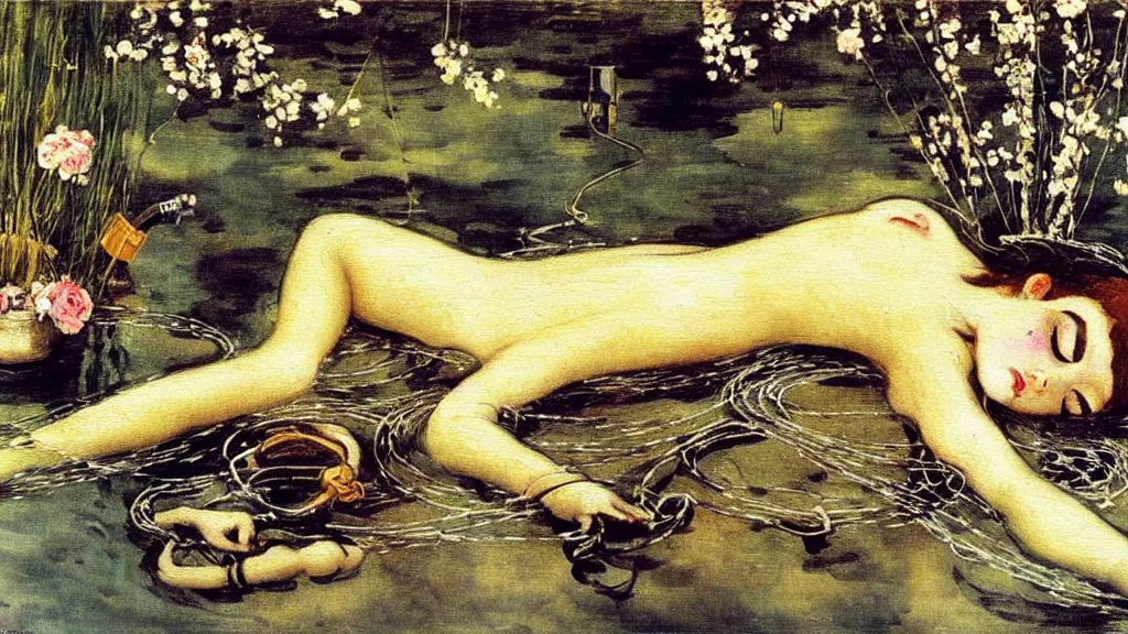 Image similar to prompt: beautiful girl sleeping in the lake with shining face painted by Valentin Serov, nymph in the water performing alchemy, cyborg and robot broken lying around the nymphs, small tiger statue flowers and cables and wire around, artifacts and ancient book, intricate oil painting, high detail, Neo-expressionism
