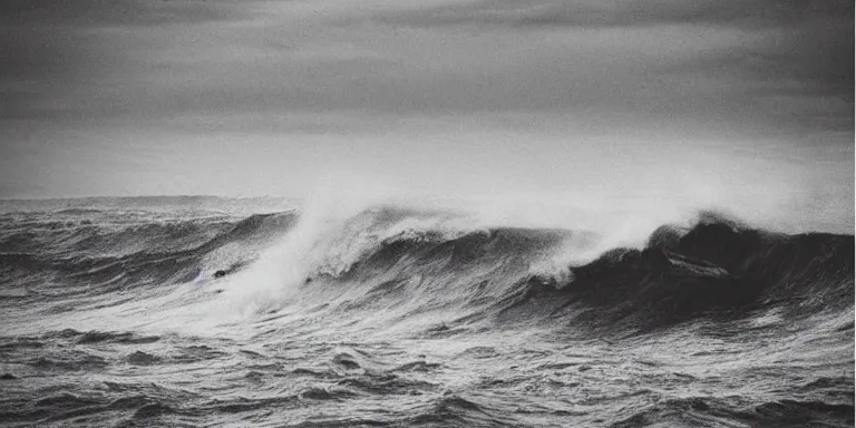 Prompt: a black and white photo of a stormy ocean with a single small boat in the waves, an album cover by hallsteinn sigurðsson, trending on behance, optical illusion, chillwave, concert poster, poster art, geometric, noise