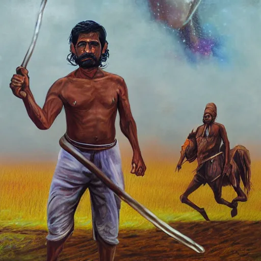 Image similar to portrait of head and body, single bangla farmer fighting on hoseback, hand to hand combat with machete, wielding machete, lungi, full body view, long flowing hair, fighting for his life, nebula aura surrounding subject, horseback combat attacker foreground, background of invading army, nestor canavarro hyperrealist art style, sharp outlines